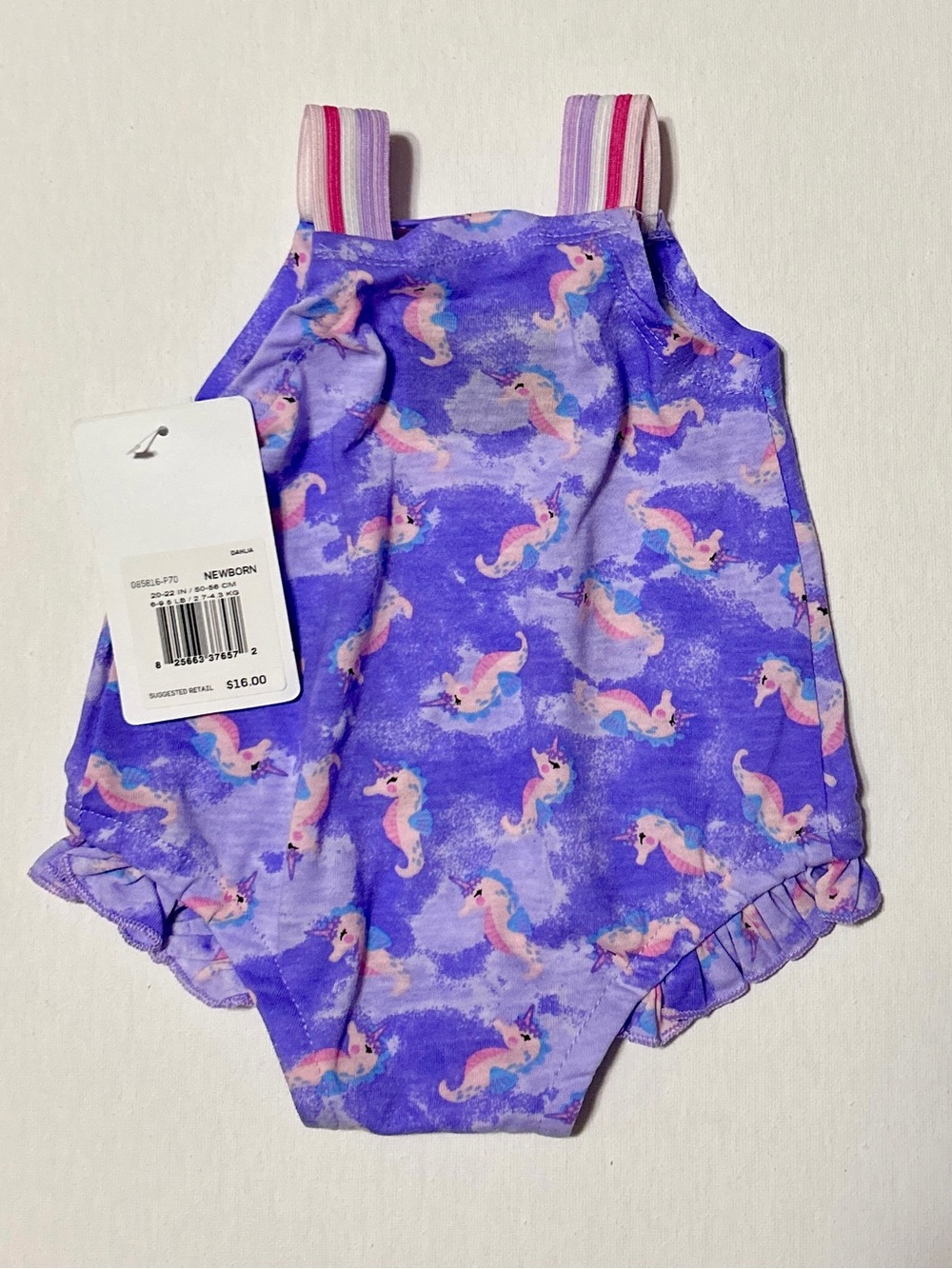 Hurley NWT Newborn Purple One-Piece with Pink Seahorse Print and Ruffles